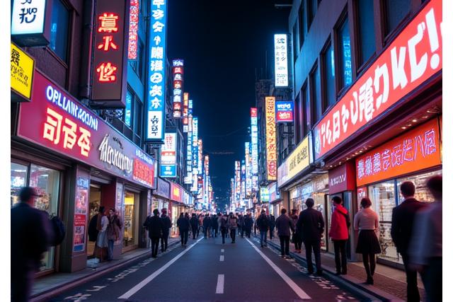 Vibrant neon-lit streets of Tokyo at night