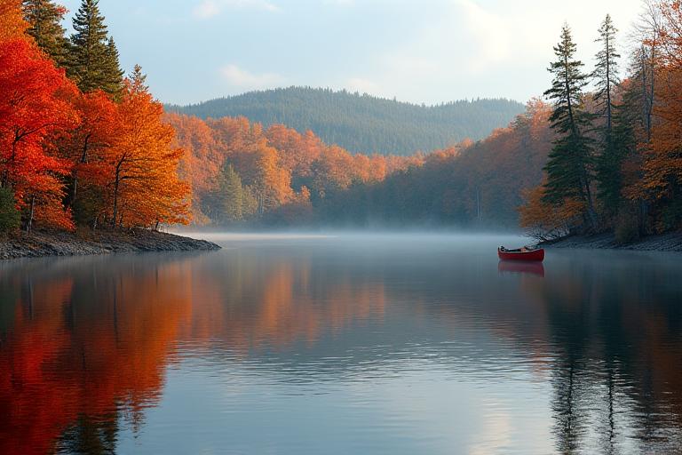 Autumn landscape in Algonquin Park with calm lake and colorful trees