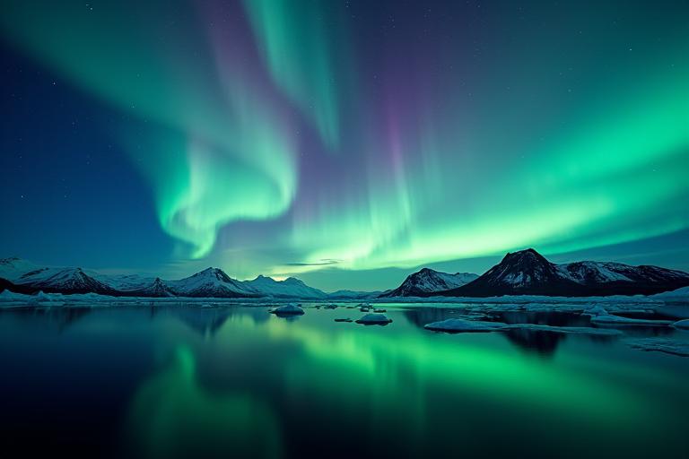 Northern Lights dancing over a glacial lagoon in Iceland