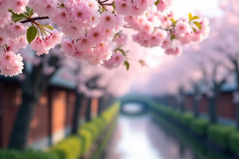 Cherry blossoms in full bloom along a traditional Japanese street in Kyoto